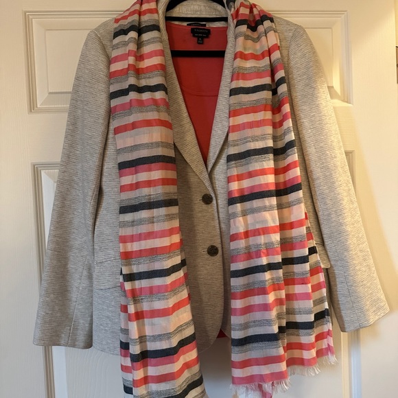 Striped scarf in coral, pink, white, and gray. - Picture 1 of 2